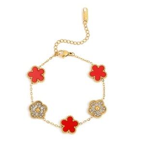 Gold-Toned Stainless Steel Red & Stones Flower Motif Bracelet